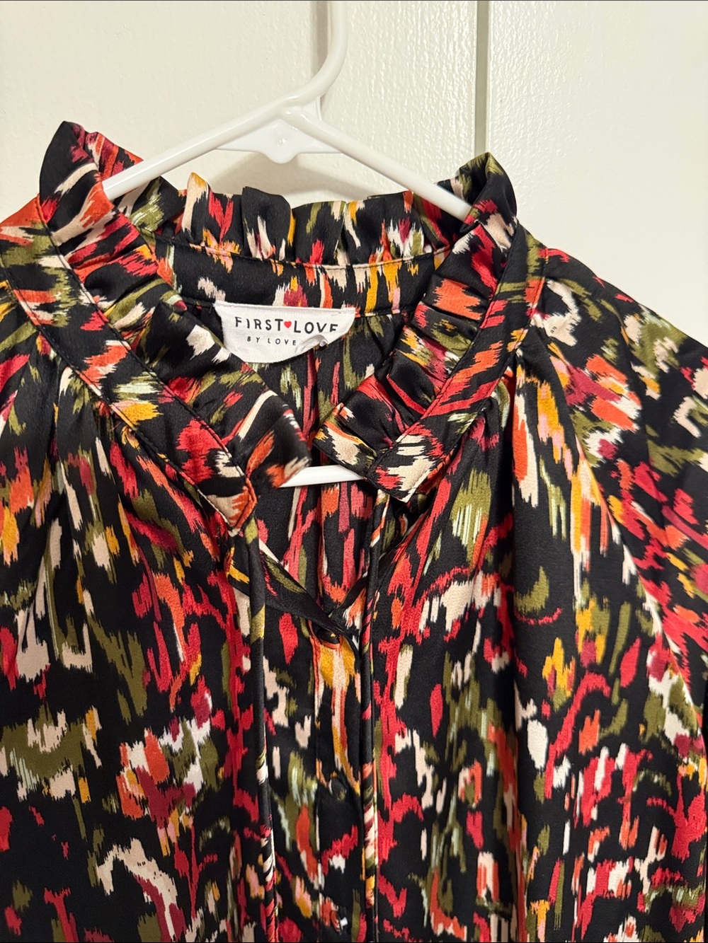 First Love Black Multi-Color Ruffle-Neck Large Blouse - Picture 6 of 7